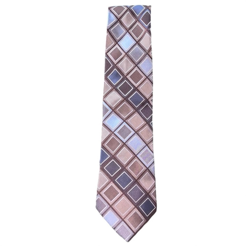 Perry Ellis Portfolio Vintage Tan & Blue Plaid 100% Silk Tie